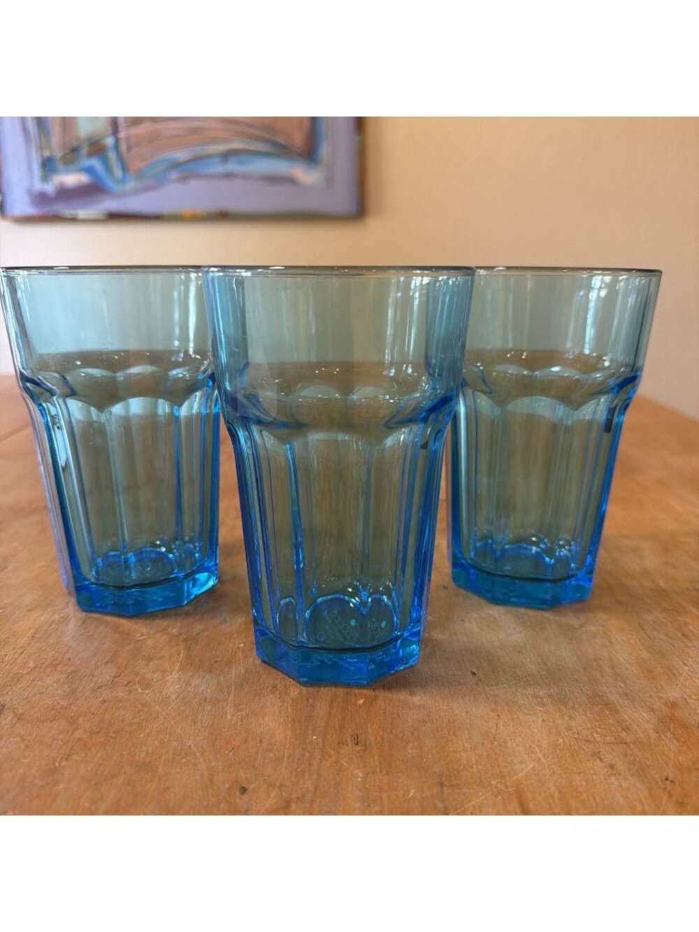 IKEA France Drinking Glasses 12oz BRIGHT BLUE 9 Panel Tall 5.25” - SET OF 3